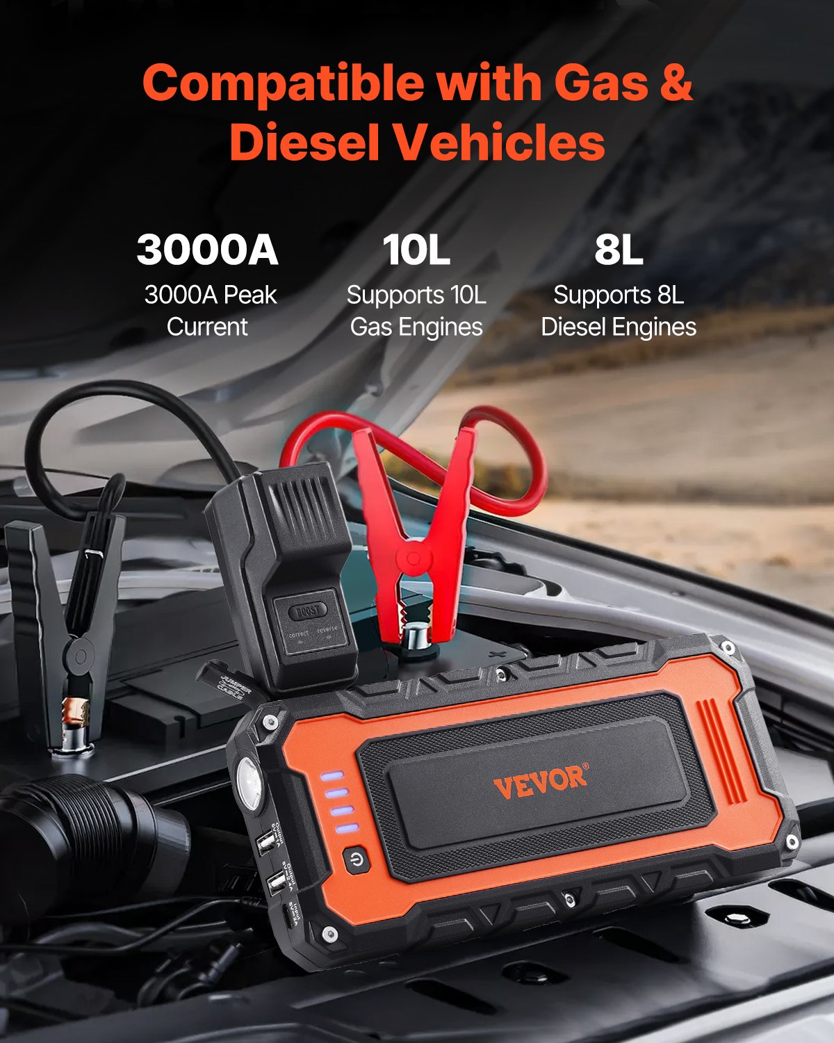 VEVOR Jump Starter Power Bank, 3000A Peak, Car Jump Starter, Battery Booster with Air Compressor, Jump Leads, LCD Display, LED Light, Lithium Jump Starter Box for up to 10L Petrol/8L Diesel Engines