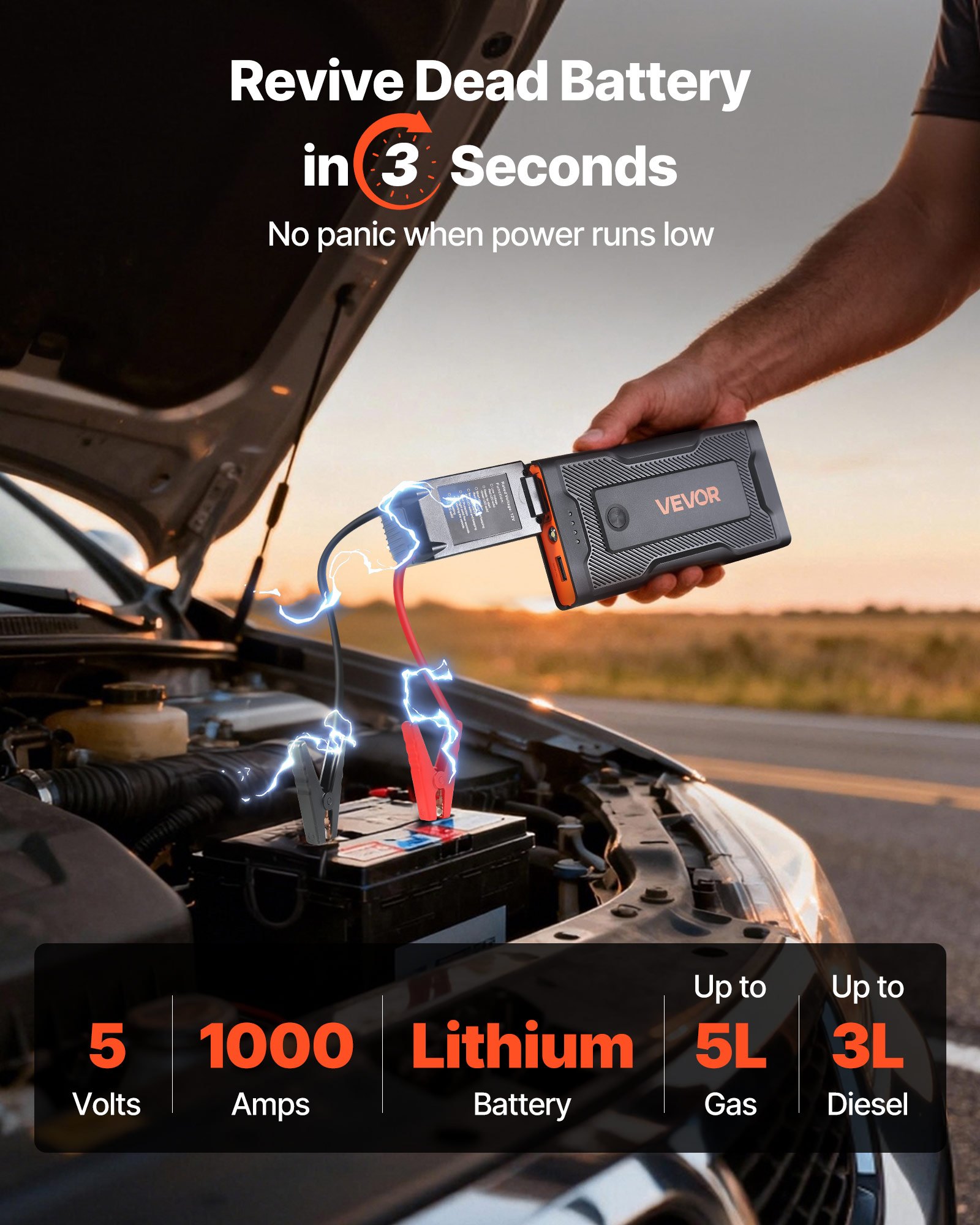 VEVOR Arrancador de Batería 1000A Pico 7200mAh, Arrancador de Baterías de Coche 12 V, Diésel 3L, Gasolina 5L, Linterna 3 Modos, 12 Protecciones, Banco de Energía Portátil USB para Barco Moto Camión