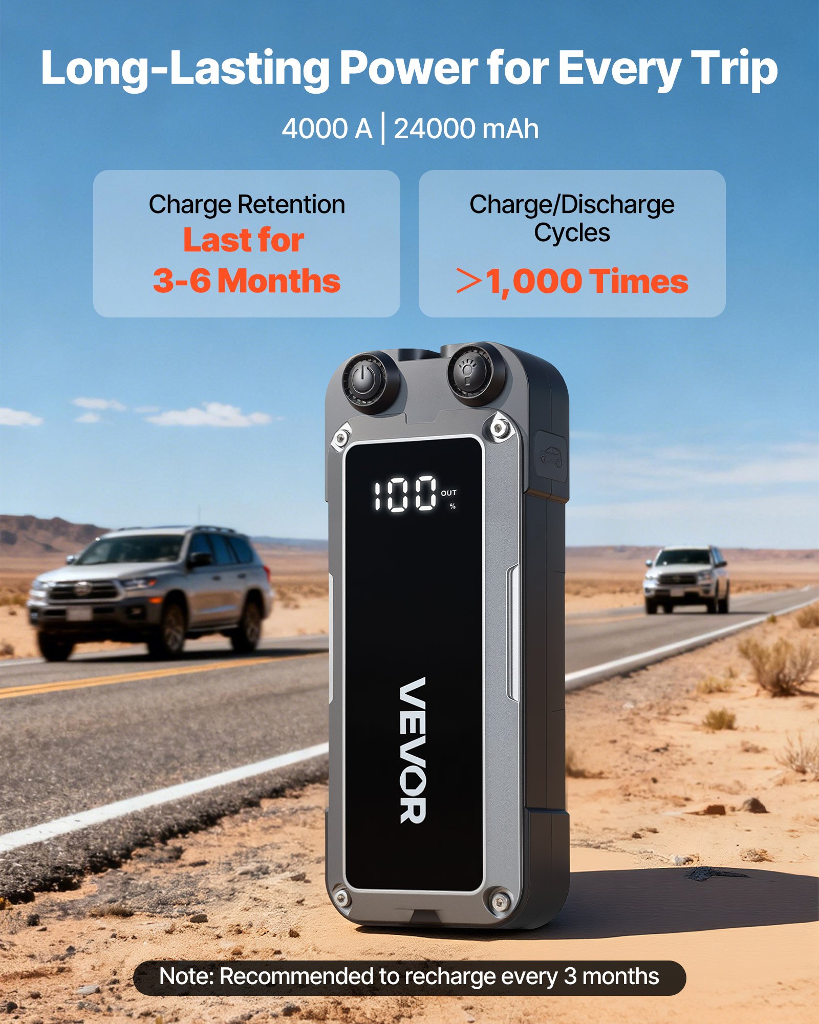 VEVOR Arrancador de Batería 4500A Pico 24000mAh, Arrancador de Baterías de Coche 12 V, Gasolina 10L, Diésel 8L, Banco de Energía Portátil USB, Linterna 3 Modos, 12 Protecciones para Moto Camión Barco