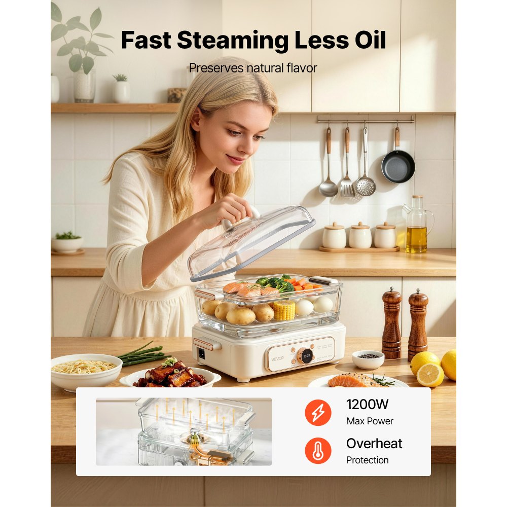 VEVOR Vaporera Eléctrica para Cocina con Cesta de Vidrio de 2 Niveles 6 L, Con Bandejas de Acero Inoxidable, 6 Niveles de Potencia, Ajustes Preprogramados y Función de Inicio Diferido, Para Verduras