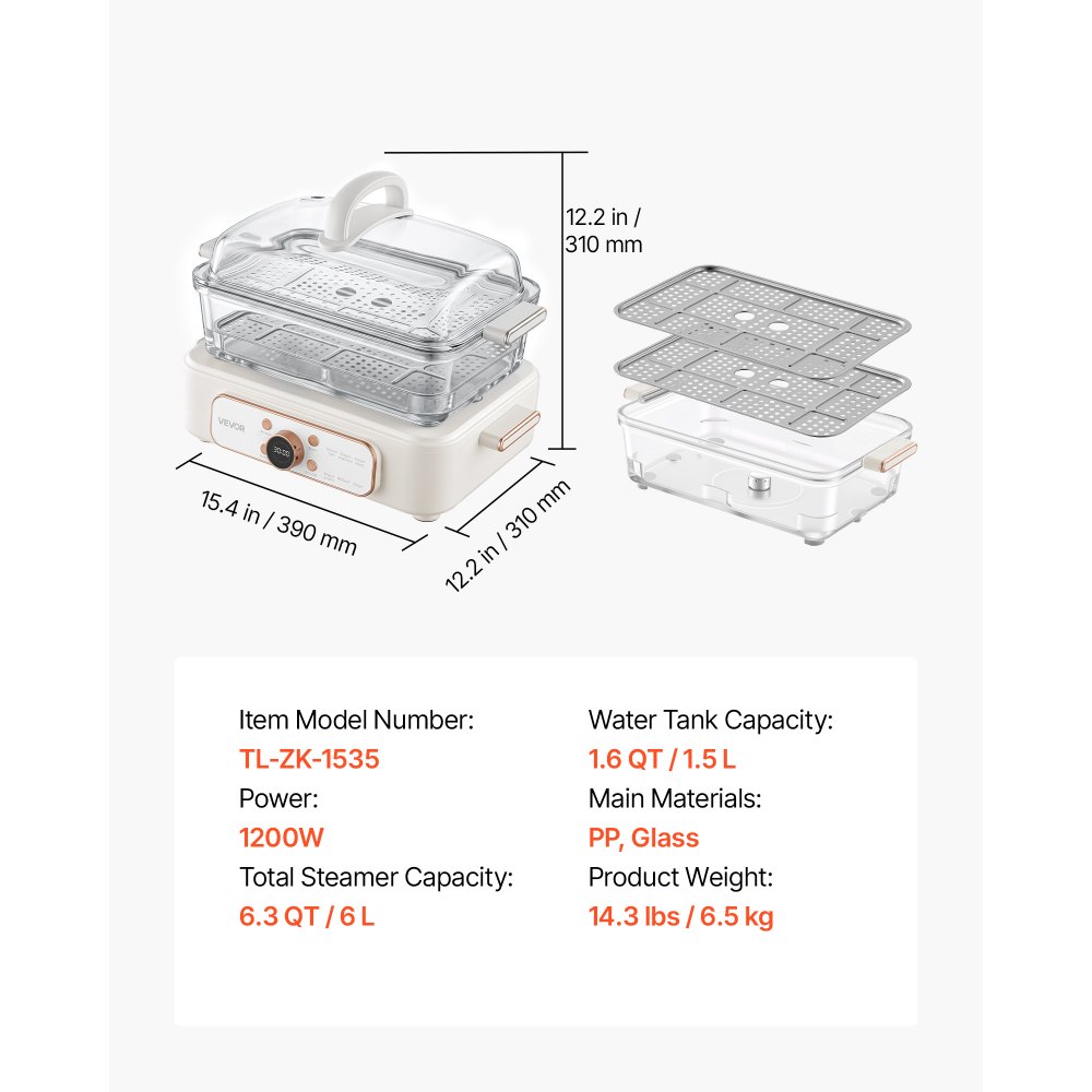 VEVOR Vaporera Eléctrica para Cocina con Cesta de Vidrio de 2 Niveles 6 L, Con Bandejas de Acero Inoxidable, 6 Niveles de Potencia, Ajustes Preprogramados y Función de Inicio Diferido, Para Verduras