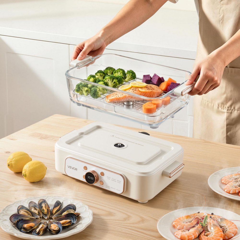 VEVOR Vaporera Eléctrica para Cocina con Cesta de Vidrio de 2 Niveles 6 L, Con Bandejas de Acero Inoxidable, 6 Niveles de Potencia, Ajustes Preprogramados y Función de Inicio Diferido, Para Verduras