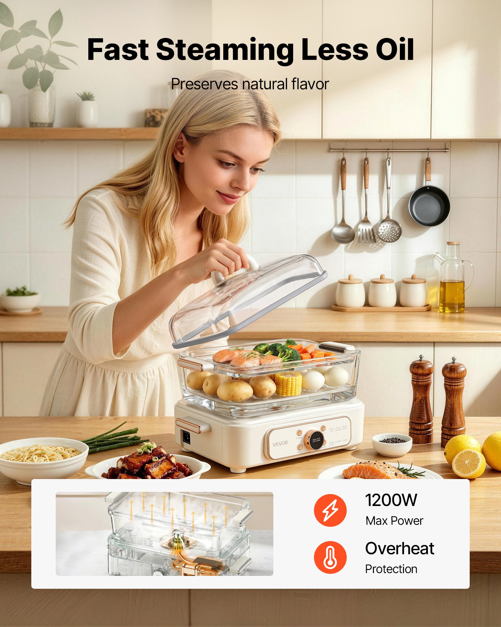 VEVOR Vaporera Eléctrica para Cocina con Cesta de Vidrio de 2 Niveles 6 L, Con Bandejas de Acero Inoxidable, 6 Niveles de Potencia, Ajustes Preprogramados y Función de Inicio Diferido, Para Verduras