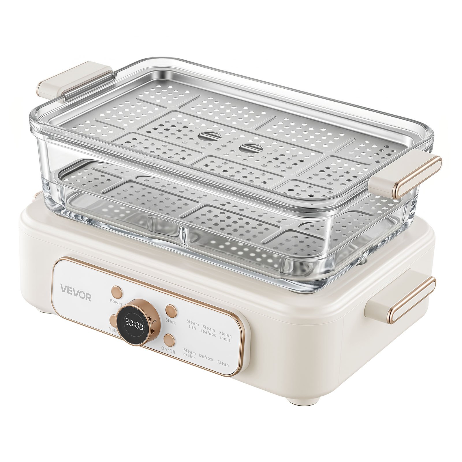 VEVOR Vaporera Eléctrica para Cocina con Cesta de Vidrio de 2 Niveles 6 L, Con Bandejas de Acero Inoxidable, 6 Niveles de Potencia, Ajustes Preprogramados y Función de Inicio Diferido, Para Verduras