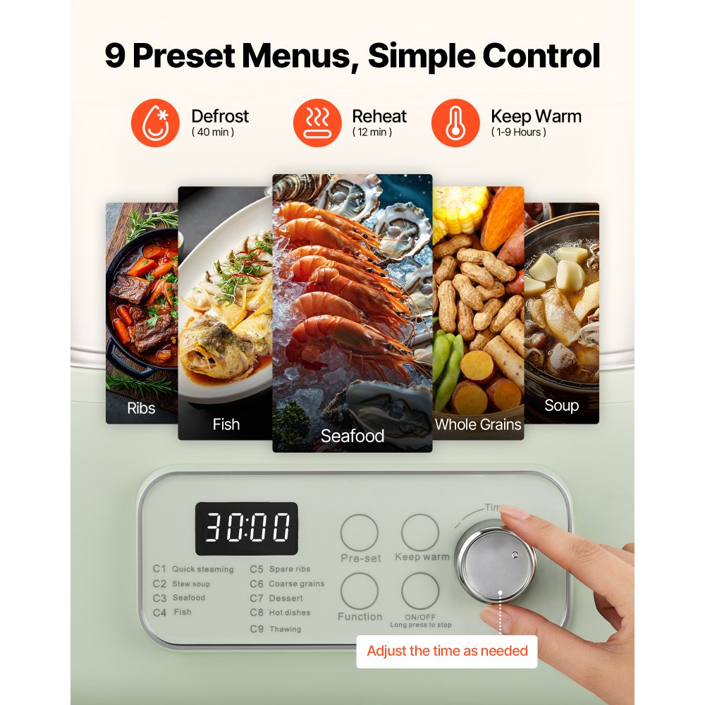 VEVOR Vaporera Eléctrica con Cesta de Acero Inoxidable de 2 Niveles 13 L, Con Bandejas de Vapor y Bandeja Recolectora de Agua, 9 Programas Preestablecidos, Mantener Caliente, Para Verduras, Mariscos