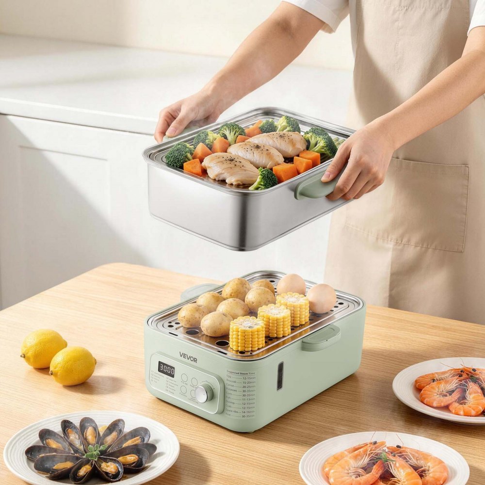 VEVOR Vaporera Eléctrica con Cesta de Acero Inoxidable de 2 Niveles 13 L, Con Bandejas de Vapor y Bandeja Recolectora de Agua, 9 Programas Preestablecidos, Mantener Caliente, Para Verduras, Mariscos