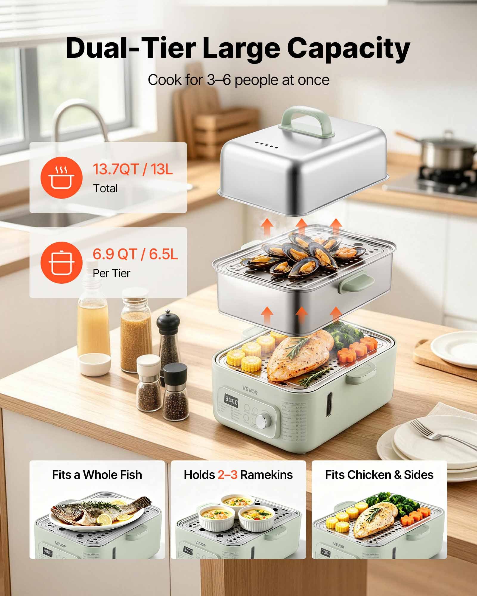 VEVOR Vaporera Eléctrica con Cesta de Acero Inoxidable de 2 Niveles 13 L, Con Bandejas de Vapor y Bandeja Recolectora de Agua, 9 Programas Preestablecidos, Mantener Caliente, Para Verduras, Mariscos