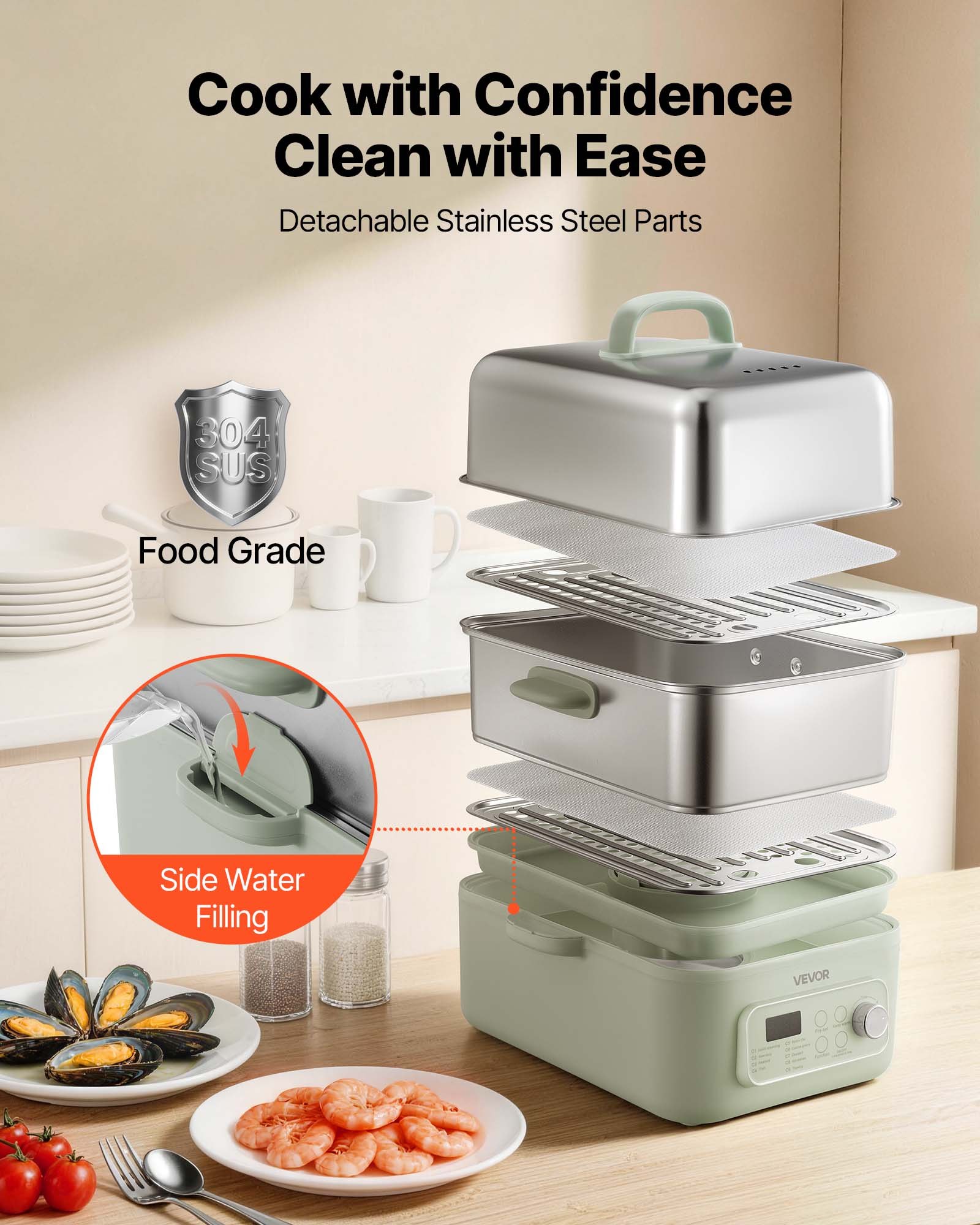 VEVOR Vaporera Eléctrica con Cesta de Acero Inoxidable de 2 Niveles 13 L, Con Bandejas de Vapor y Bandeja Recolectora de Agua, 9 Programas Preestablecidos, Mantener Caliente, Para Verduras, Mariscos