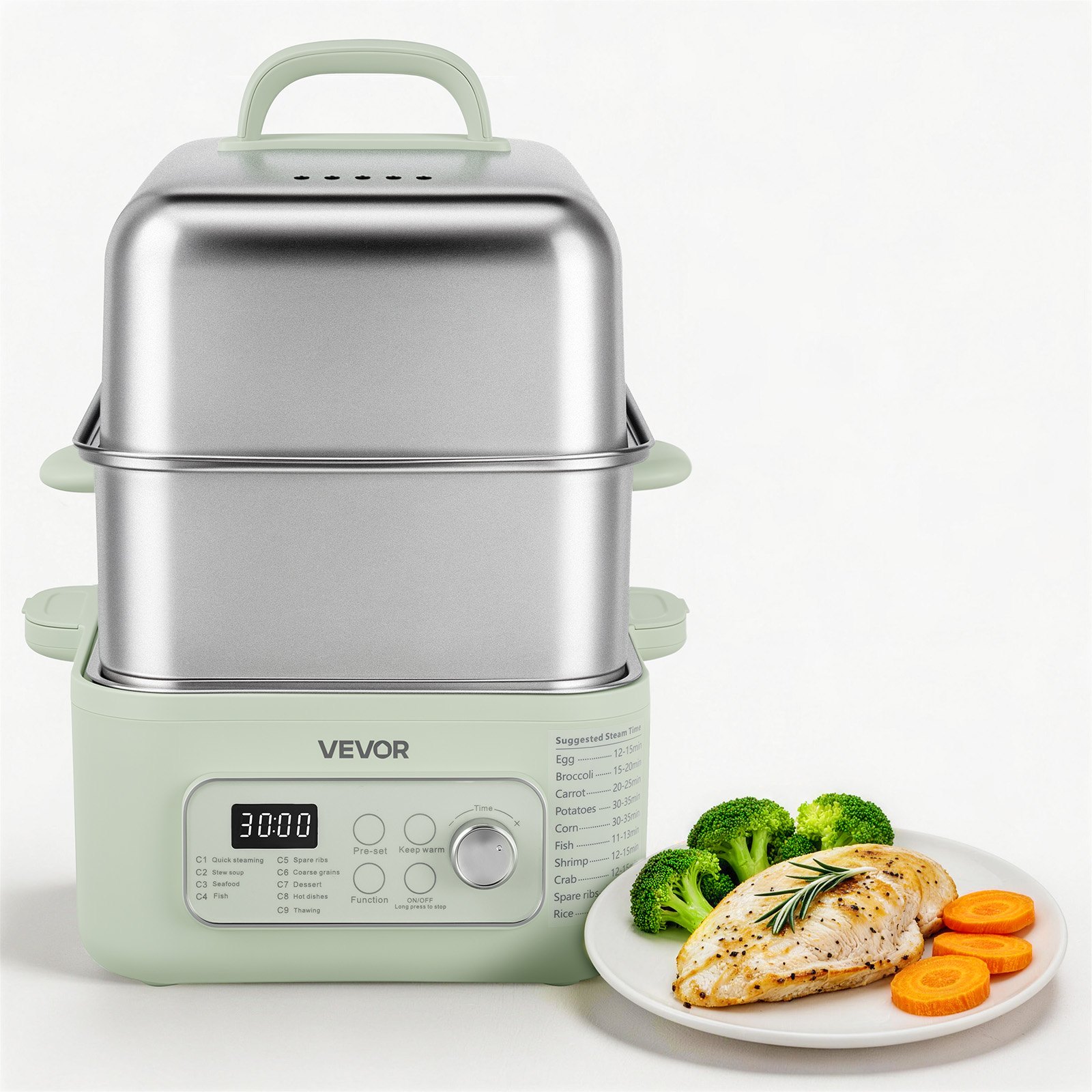 VEVOR Vaporera Eléctrica con Cesta de Acero Inoxidable de 2 Niveles 13 L, Con Bandejas de Vapor y Bandeja Recolectora de Agua, 9 Programas Preestablecidos, Mantener Caliente, Para Verduras, Mariscos