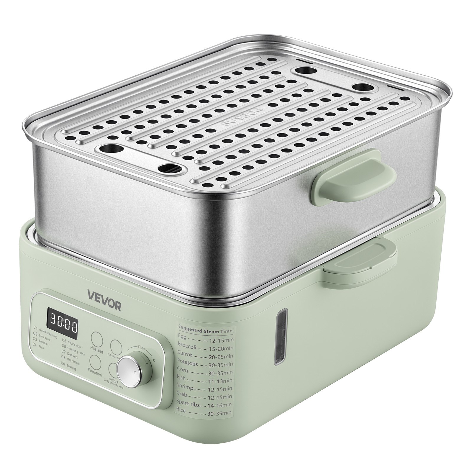 VEVOR Vaporera Eléctrica con Cesta de Acero Inoxidable de 2 Niveles 13 L, Con Bandejas de Vapor y Bandeja Recolectora de Agua, 9 Programas Preestablecidos, Mantener Caliente, Para Verduras, Mariscos