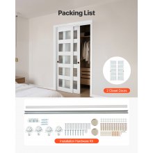 VEVOR Puerta Corrediza de Armario, para Huecos de 1219 x 2032 mm, Puerta Doble de 5 Paneles de Vidrio Esmerilado con Kit de Herrajes, Madera Maciza y MDF, Superficie de PVC Impermeable, Blanco