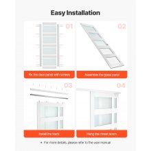 VEVOR Puerta Corrediza de Armario, para Huecos de 1219 x 2032 mm, Puerta Doble de 5 Paneles de Vidrio Esmerilado con Kit de Herrajes, Madera Maciza y MDF, Superficie de PVC Impermeable, Blanco