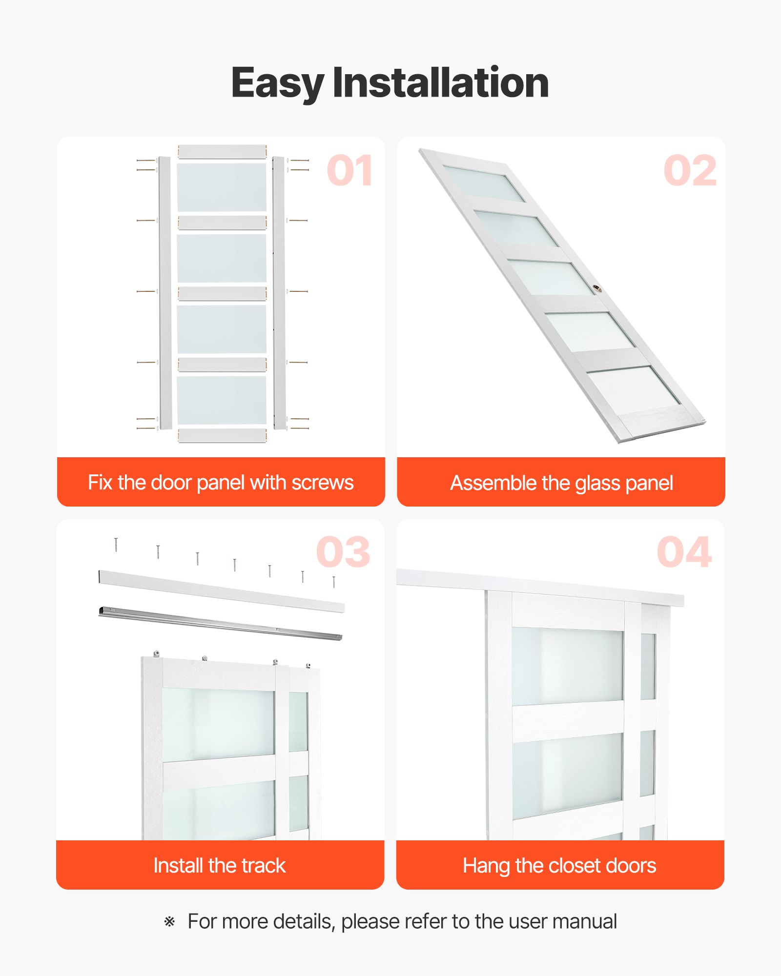 VEVOR Sliding Closet Door, 1219mm (Double 635mm) x 2032 mm, 5-Lite Frosted Glass Bypass Sliding Doors with Hardware Kit, Solid Wood & MDF Slab with Waterproof PVC Surface for Closets Bedrooms