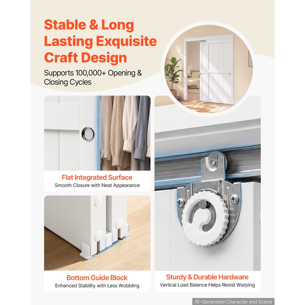 VEVOR Puerta Corredera con Herrajes 1524 x 2032 mm 2 Paneles Madera Blanco, para Armario Baño Sala de Estar Dormitorio, con Riel, Guía de Suelo, Tiradores Empotrados, Estilo Moderno, Kit de Accesorios