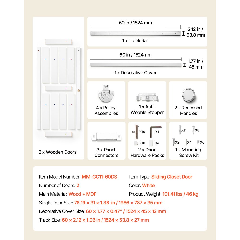 VEVOR Puerta Corredera con Herrajes 1524 x 2032 mm 2 Paneles Madera Blanco, para Armario Baño Sala de Estar Dormitorio, con Riel, Guía de Suelo, Tiradores Empotrados, Estilo Moderno, Kit de Accesorios