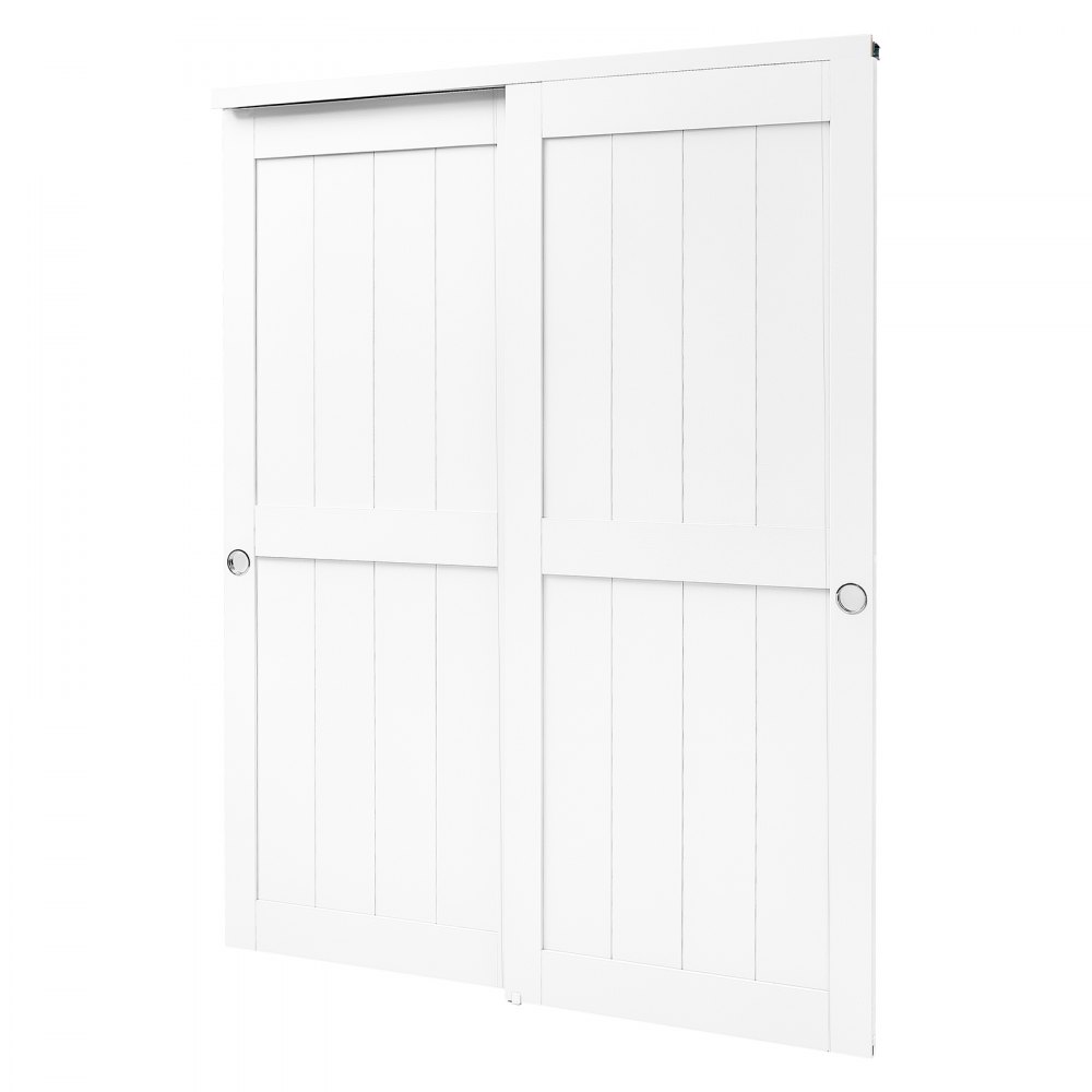 VEVOR Puerta Corredera con Herrajes 1524 x 2032 mm 2 Paneles Madera Blanco, para Armario Baño Sala de Estar Dormitorio, con Riel, Guía de Suelo, Tiradores Empotrados, Estilo Moderno, Kit de Accesorios