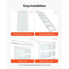 VEVOR Puerta Corrediza de Armario, para Huecos de 1524 x 2032 mm, Puerta Doble de 5 Paneles de Vidrio Esmerilado con Kit de Herrajes, Madera Maciza y MDF, Superficie de PVC Impermeable, Blanco