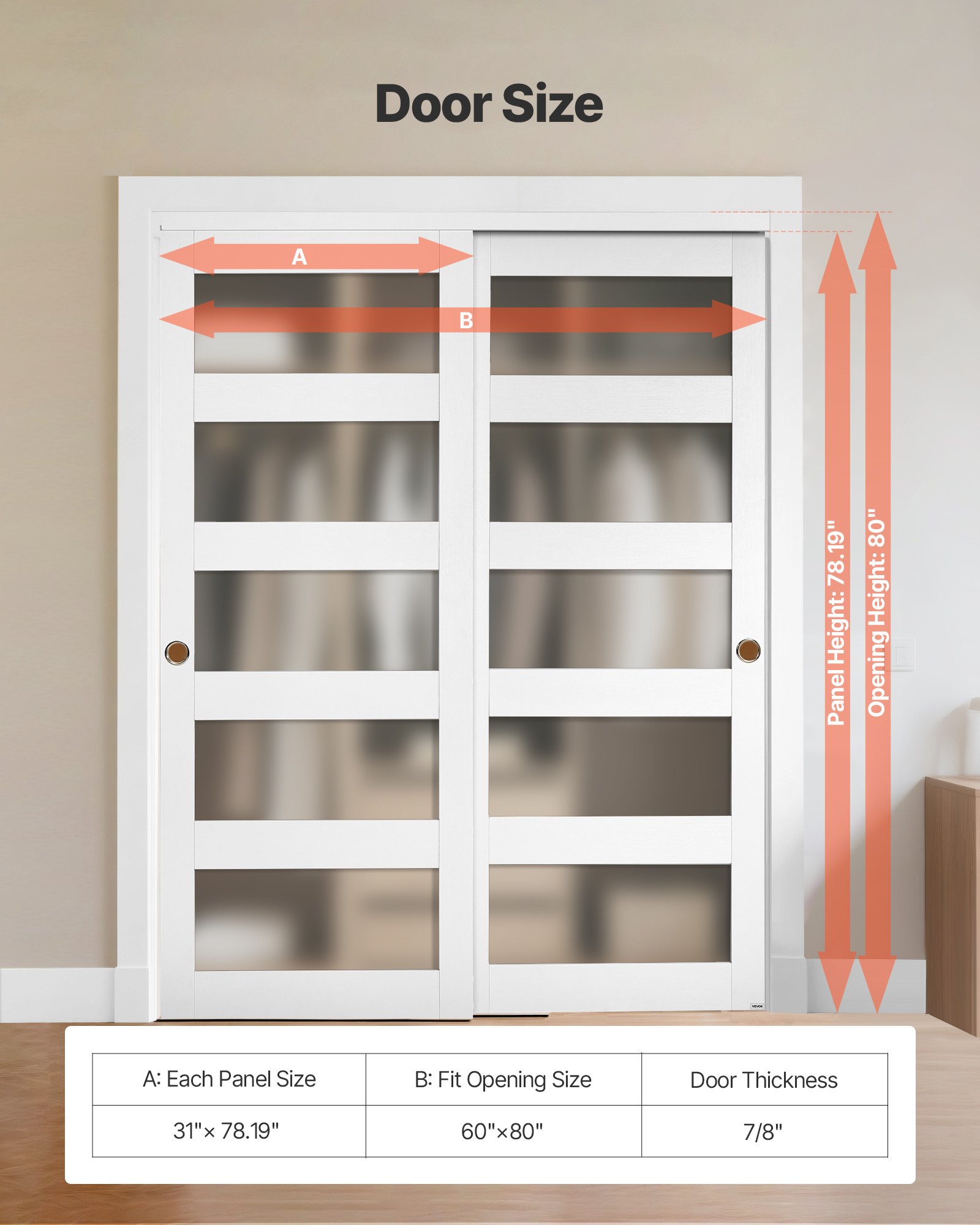 VEVOR Puerta Corrediza de Armario, para Huecos de 1524 x 2032 mm, Puerta Doble de 5 Paneles de Vidrio Esmerilado con Kit de Herrajes, Madera Maciza y MDF, Superficie de PVC Impermeable, Blanco