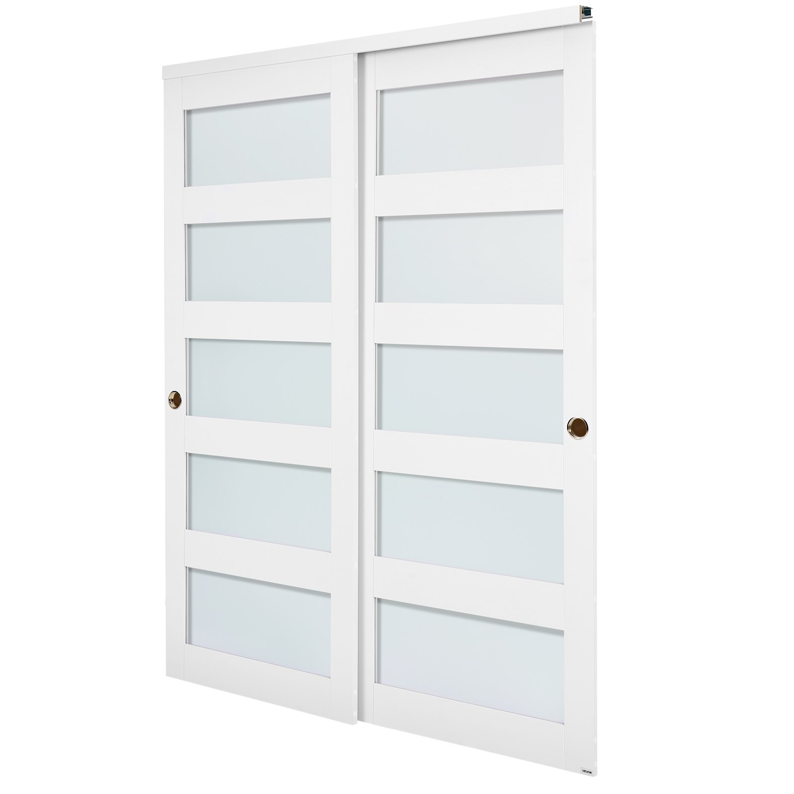 VEVOR Puerta Corrediza de Armario, para Huecos de 1524 x 2032 mm, Puerta Doble de 5 Paneles de Vidrio Esmerilado con Kit de Herrajes, Madera Maciza y MDF, Superficie de PVC Impermeable, Blanco