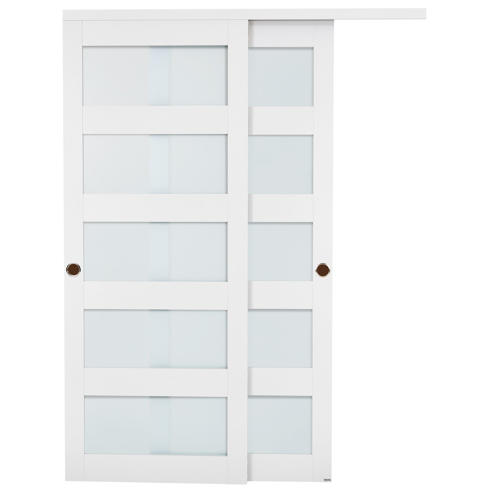 VEVOR Puerta Corrediza de Armario, para Huecos de 1524 x 2032 mm, Puerta Doble de 5 Paneles de Vidrio Esmerilado con Kit de Herrajes, Madera Maciza y MDF, Superficie de PVC Impermeable, Blanco