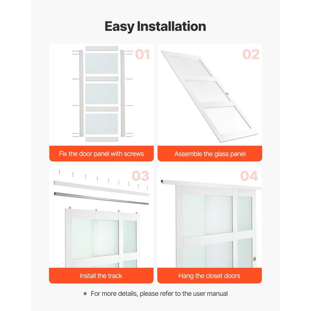 VEVOR Puerta Corrediza de Armario, para Huecos de 1829 x 2032 mm, Puerta Doble de 3 Paneles de Vidrio Esmerilado con Kit de Herrajes, Madera Maciza y MDF, Superficie de PVC Impermeable, Blanco