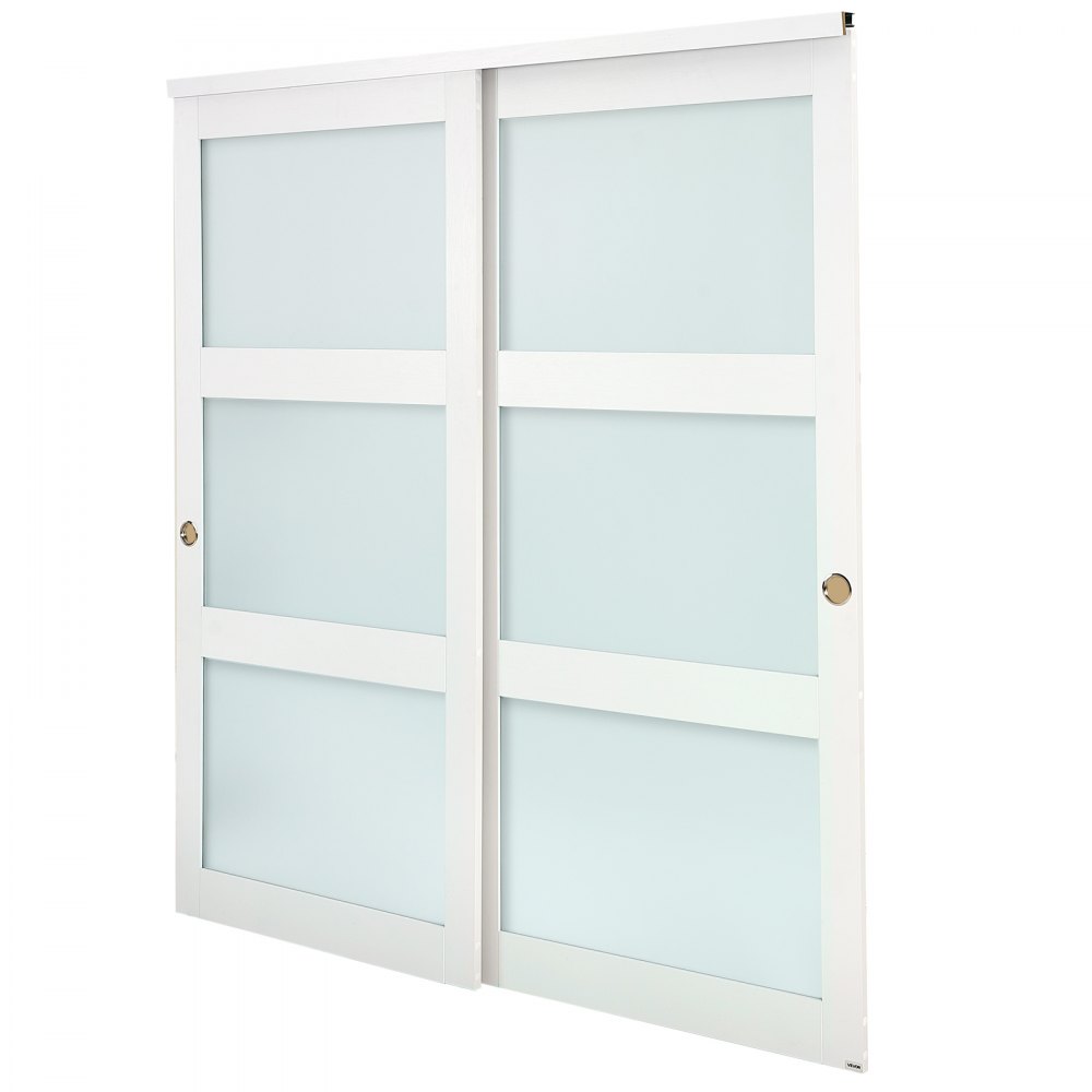 VEVOR Puerta Corrediza de Armario, para Huecos de 1829 x 2032 mm, Puerta Doble de 3 Paneles de Vidrio Esmerilado con Kit de Herrajes, Madera Maciza y MDF, Superficie de PVC Impermeable, Blanco