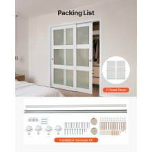 VEVOR Puerta Corrediza de Armario, para Huecos de 1829 x 2032 mm, Puerta Doble de 3 Paneles de Vidrio Esmerilado con Kit de Herrajes, Madera Maciza y MDF, Superficie de PVC Impermeable, Blanco