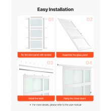 VEVOR Puerta Corrediza de Armario, para Huecos de 1829 x 2032 mm, Puerta Doble de 3 Paneles de Vidrio Esmerilado con Kit de Herrajes, Madera Maciza y MDF, Superficie de PVC Impermeable, Blanco