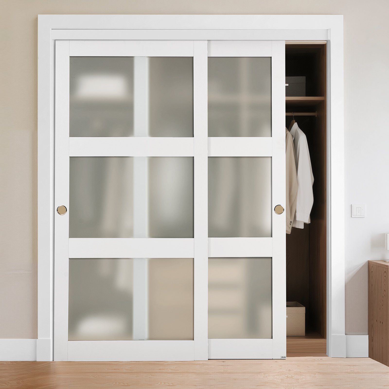 VEVOR Puerta Corrediza de Armario, para Huecos de 1829 x 2032 mm, Puerta Doble de 3 Paneles de Vidrio Esmerilado con Kit de Herrajes, Madera Maciza y MDF, Superficie de PVC Impermeable, Blanco