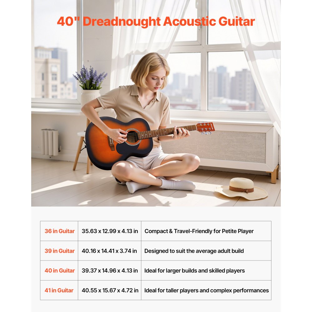 VEVOR Dreadnought Acoustic Guitar, 1016 mm, 6-String Sunburst Solid Top Guitar, Beginner Bundle with Gig Bag, Tuner, Strap, Steel Strings, Picks, Capo, Rosewood Fingerboard, for Adults Skilled Players