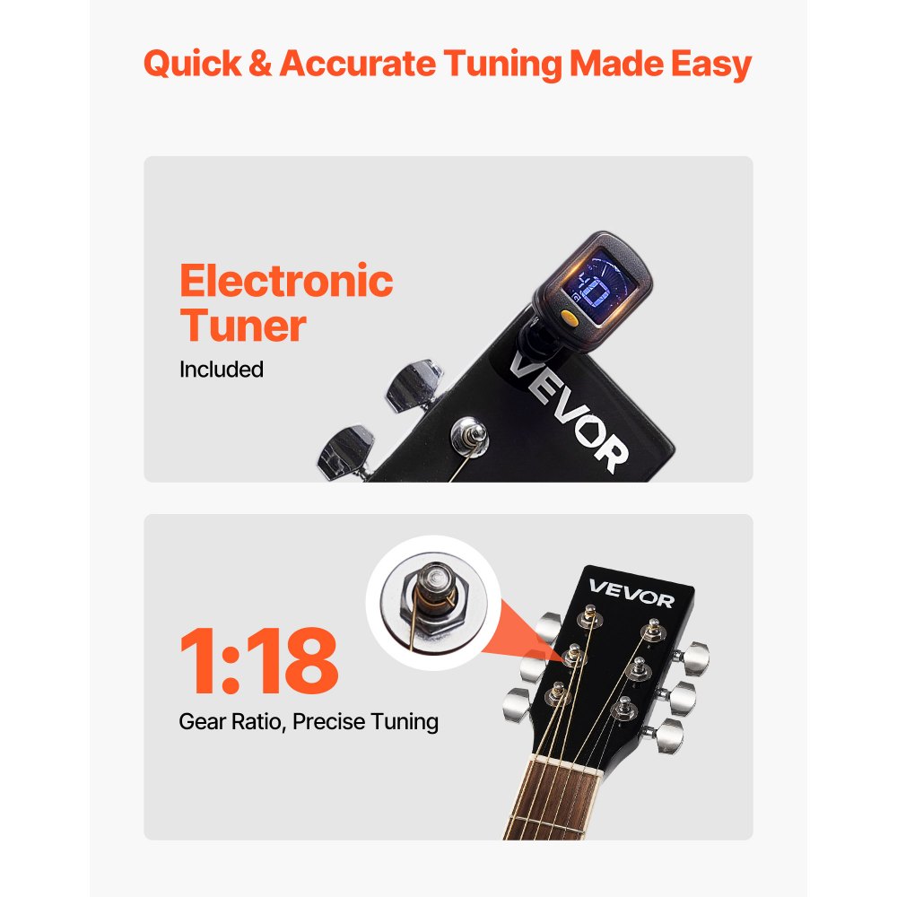 VEVOR Guitarra Acústica Redondeada 41 in / 1041,4 mm y 6 Cuerdas para Músicos, Negro