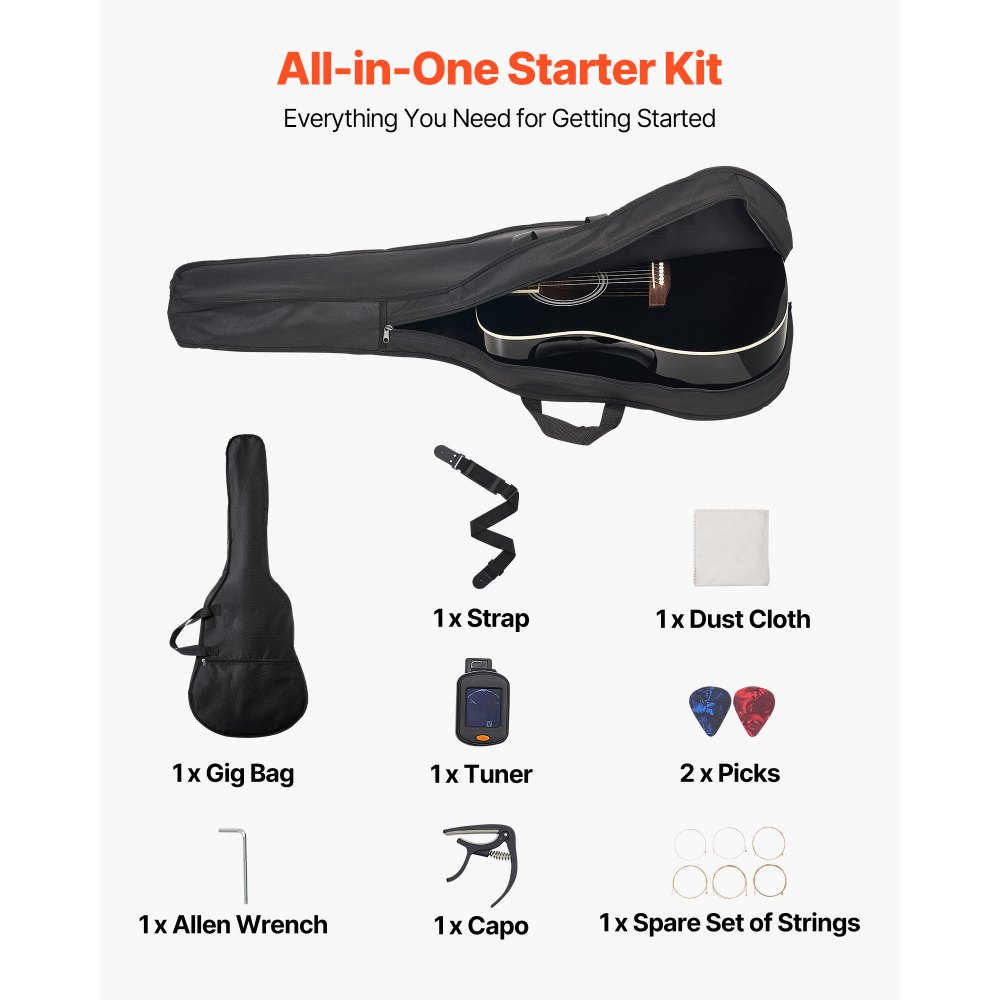 VEVOR Guitarra Acústica Redondeada 41 in / 1041,4 mm y 6 Cuerdas para Músicos, Negro