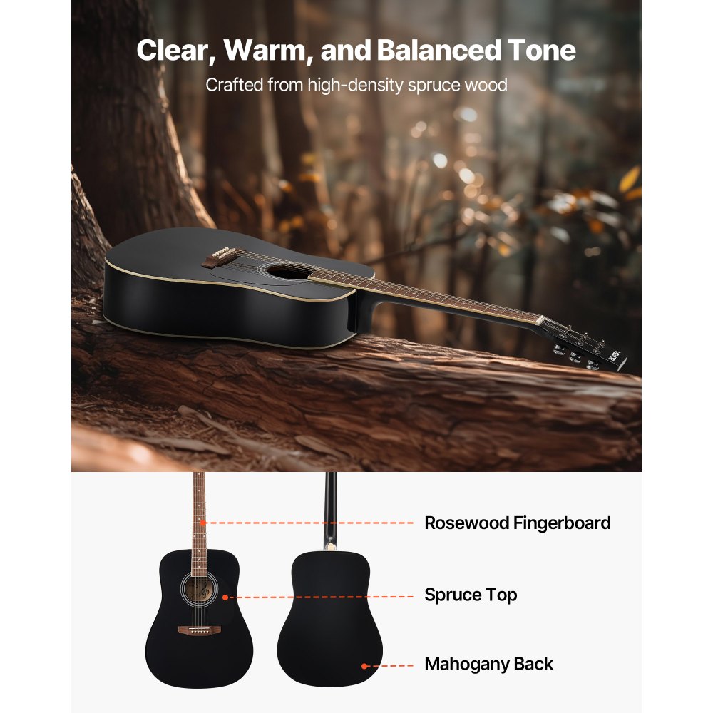 VEVOR Dreadnought Acoustic Guitar, 1041.4 mm, 6-String Black Solid Spruce Top Guitar, Beginner Bundle with Gig Bag, Tuner, Strap, Strings, Picks, Capo, Rosewood Fingerboard, for Adult Taller Player