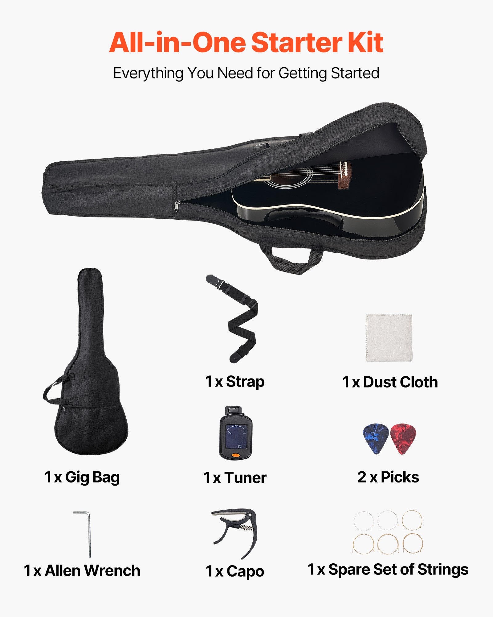 VEVOR Guitarra Acústica Redondeada 41 in / 1041,4 mm y 6 Cuerdas para Músicos, Negro
