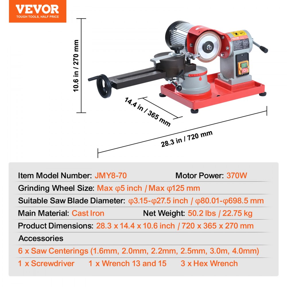 VEVOR Saw Blade Sharpener 370W Sharpening Machine Circular Saw Blade Sharpener 3600 rpm Circular Saw Blade Sharpener φ 80.01-698.5mm Saw Blade Sharpening Machine φ 1.6-4.0mm 6x Saw Centering Devices
