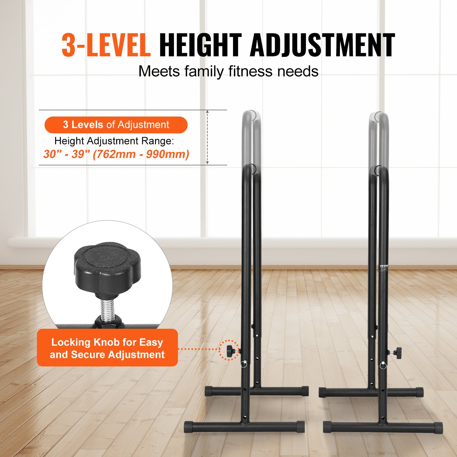 VEVOR Dip Bars Dip Stand Station with Adjustable Height, 200 kg Fitness Workout Dip Bar Station, Stabilizer, Parallette Push-Up Stand, Parallel Bars Strength Training in Home Gym