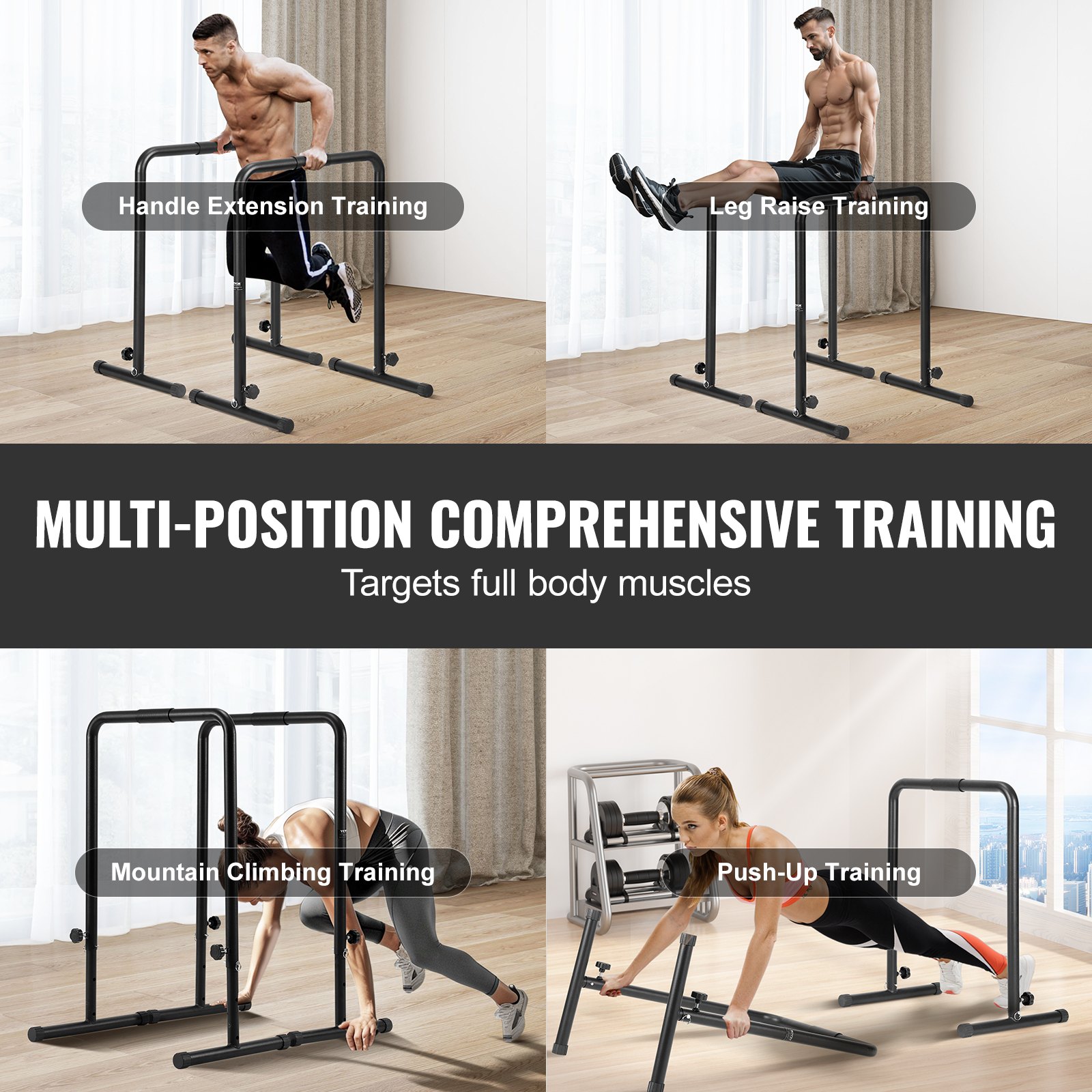 VEVOR Barra de Inmersión Carga de 200kg Barras Paralelas de Alta Resistencia Altura Ajustable 1022mm Estación de Inmersión con Tubo de Acero para Entrenamiento de Fuerza, Fitness, Culturismo, Gimnasio