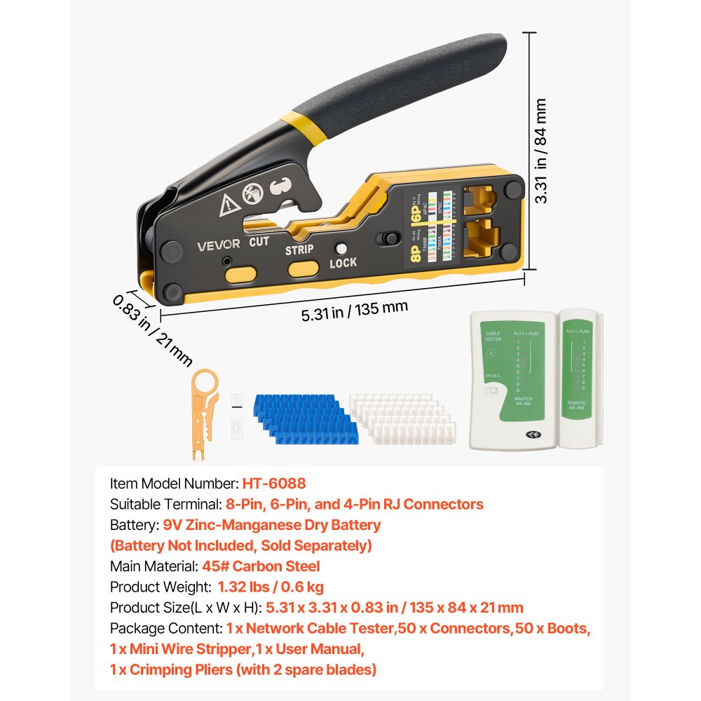 VEVOR Herramienta de Crimpado, Crimpadora RJ45 RJ11 RJ12 para Cable de Red Ethernet, con Pelacables, 50 Piezas de Conectores y 50 Piezas de Cubiertas Protectoras, Comprobador y Cuchillas de Repuesto
