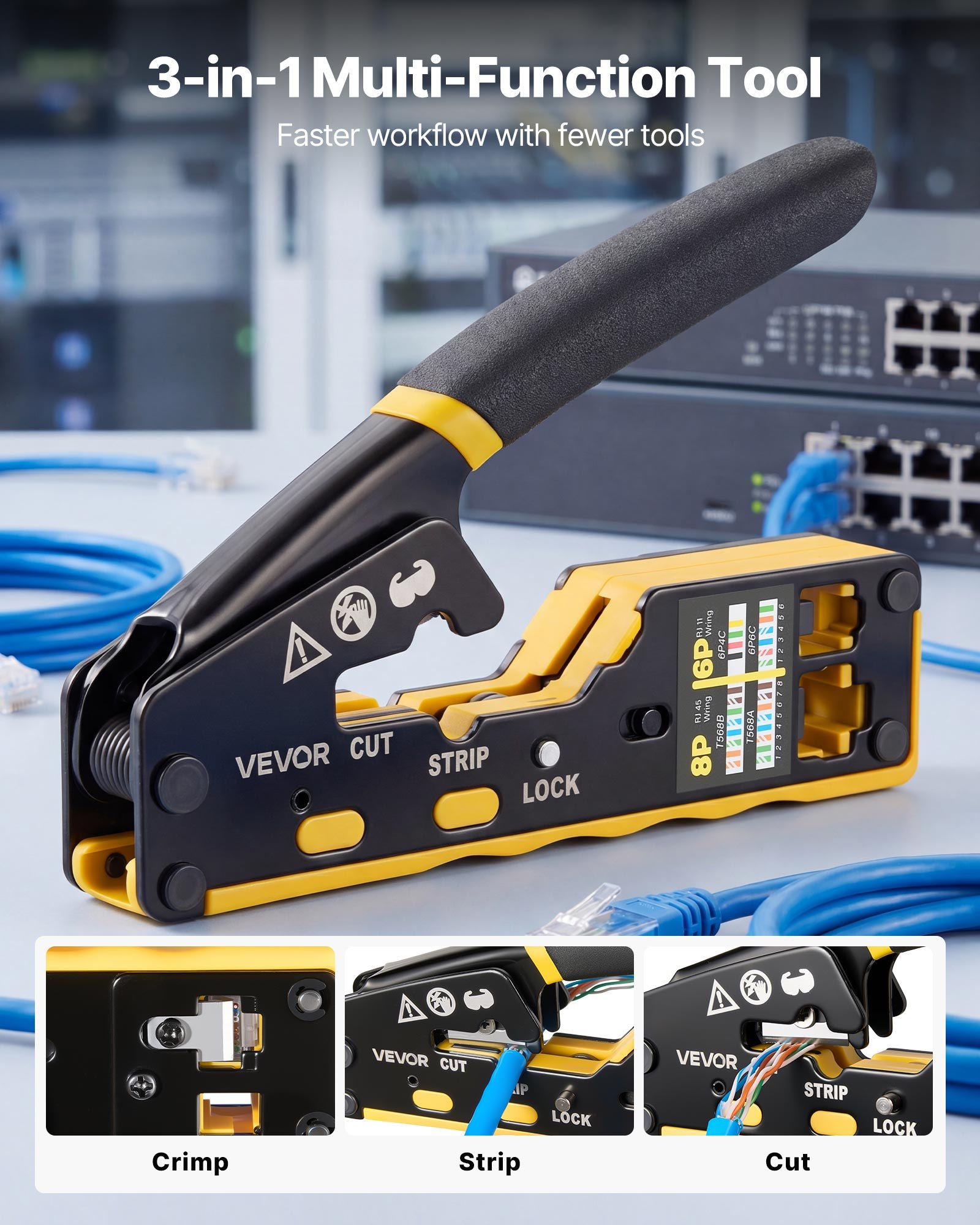 VEVOR Herramienta de Crimpado, Crimpadora RJ45 RJ11 RJ12 para Cable de Red Ethernet, con Pelacables, 50 Piezas de Conectores y 50 Piezas de Cubiertas Protectoras, Comprobador y Cuchillas de Repuesto