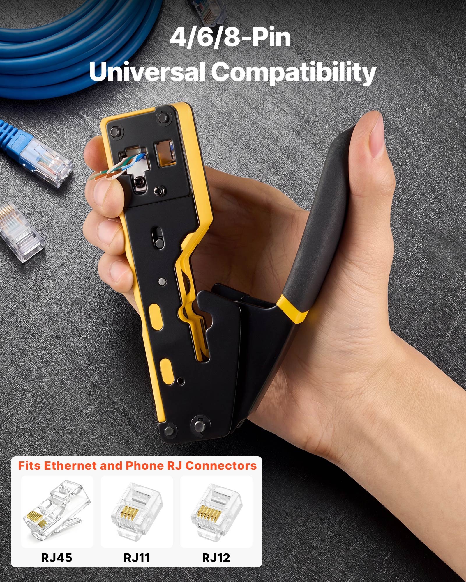 VEVOR Herramienta de Crimpado, Crimpadora RJ45 RJ11 RJ12 para Cable de Red Ethernet, con Pelacables, 50 Piezas de Conectores y 50 Piezas de Cubiertas Protectoras, Comprobador y Cuchillas de Repuesto