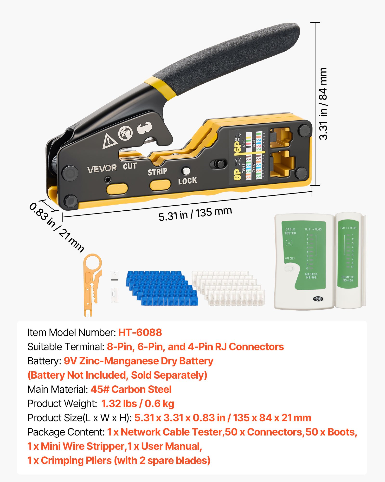 VEVOR Herramienta de Crimpado, Crimpadora RJ45 RJ11 RJ12 para Cable de Red Ethernet, con Pelacables, 50 Piezas de Conectores y 50 Piezas de Cubiertas Protectoras, Comprobador y Cuchillas de Repuesto