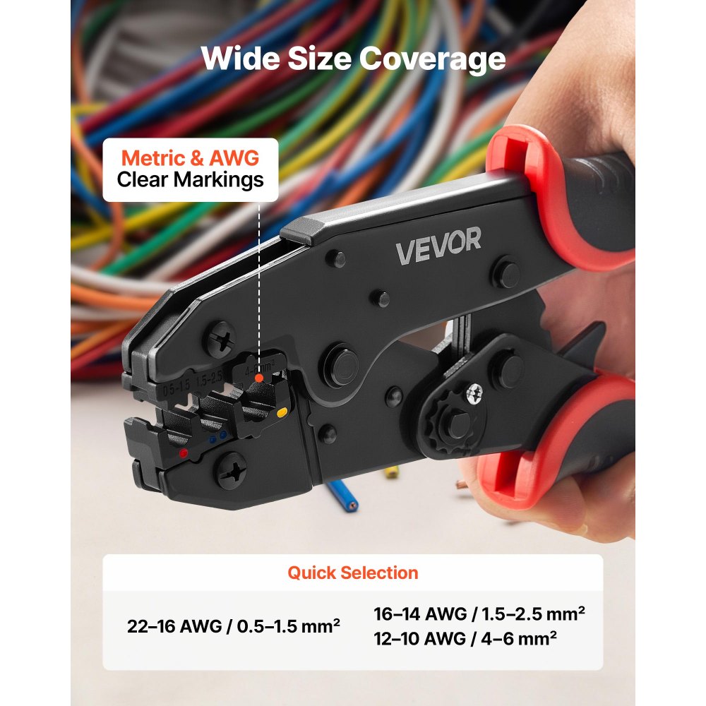 VEVOR Crimpadora Terminales Eléctricos, 0,5-6 mm², Alicates de Crimpado de Trinquete para Terminales de Cables Eléctricos, con Marcas Métrica y del Sistema AWG, Liberación Rápida, Alicates de Engaste