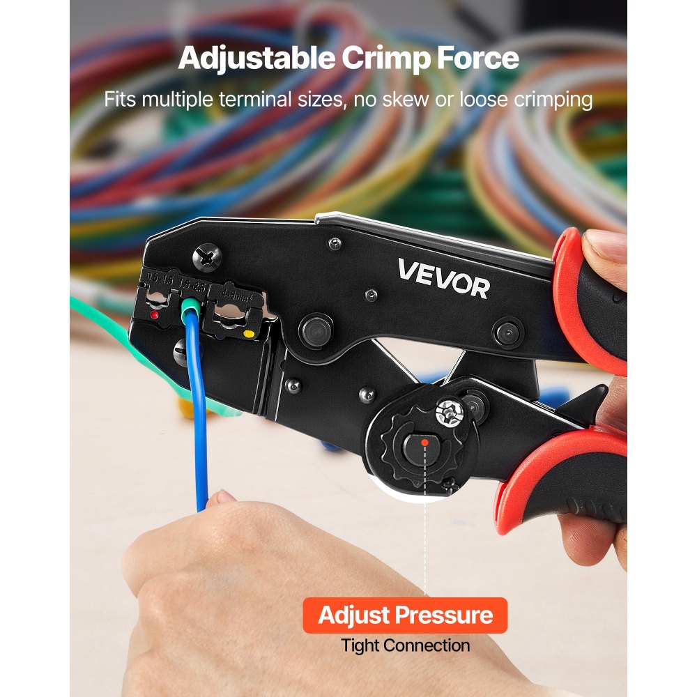 VEVOR Crimpadora Terminales Eléctricos, 0,5-6 mm², Alicates de Crimpado de Trinquete para Terminales de Cables Eléctricos, con Marcas Métrica y del Sistema AWG, Liberación Rápida, Alicates de Engaste