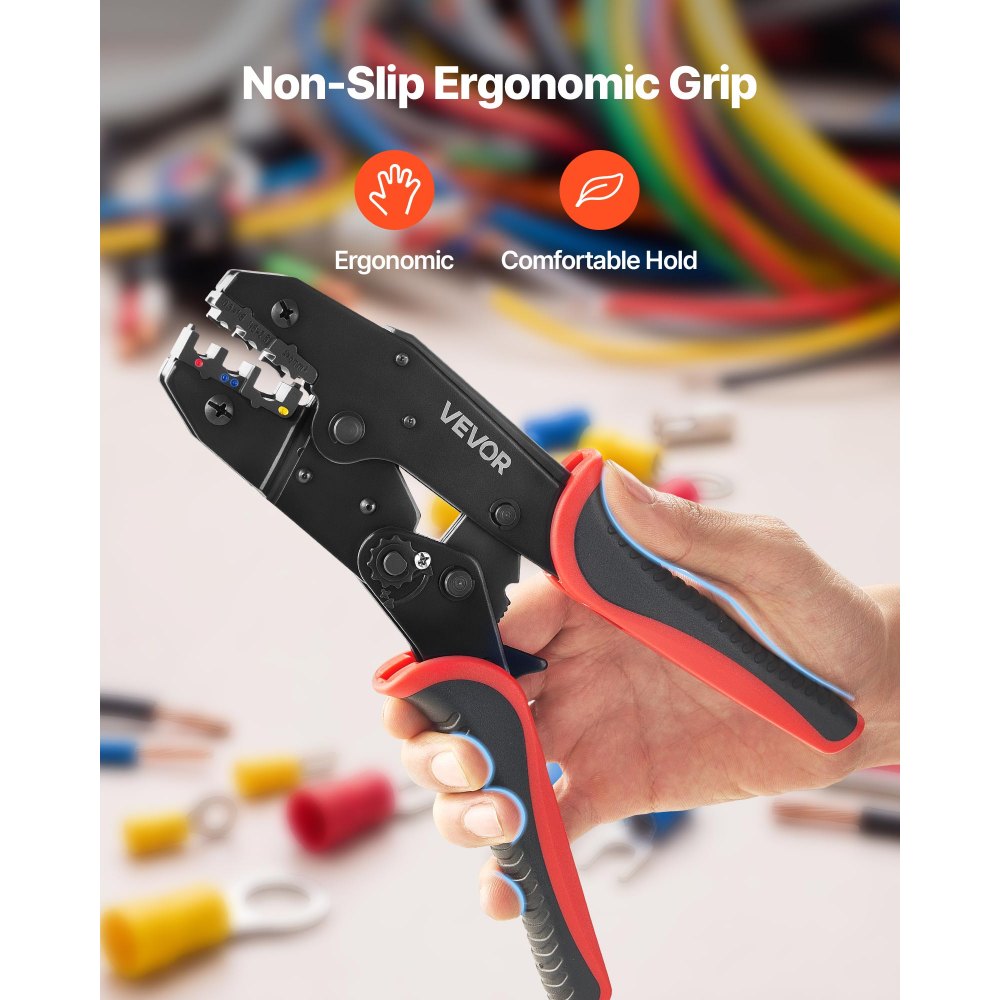 VEVOR Crimpadora Terminales Eléctricos, 0,5-6 mm², Alicates de Crimpado de Trinquete para Terminales de Cables Eléctricos, con Marcas Métrica y del Sistema AWG, Liberación Rápida, Alicates de Engaste