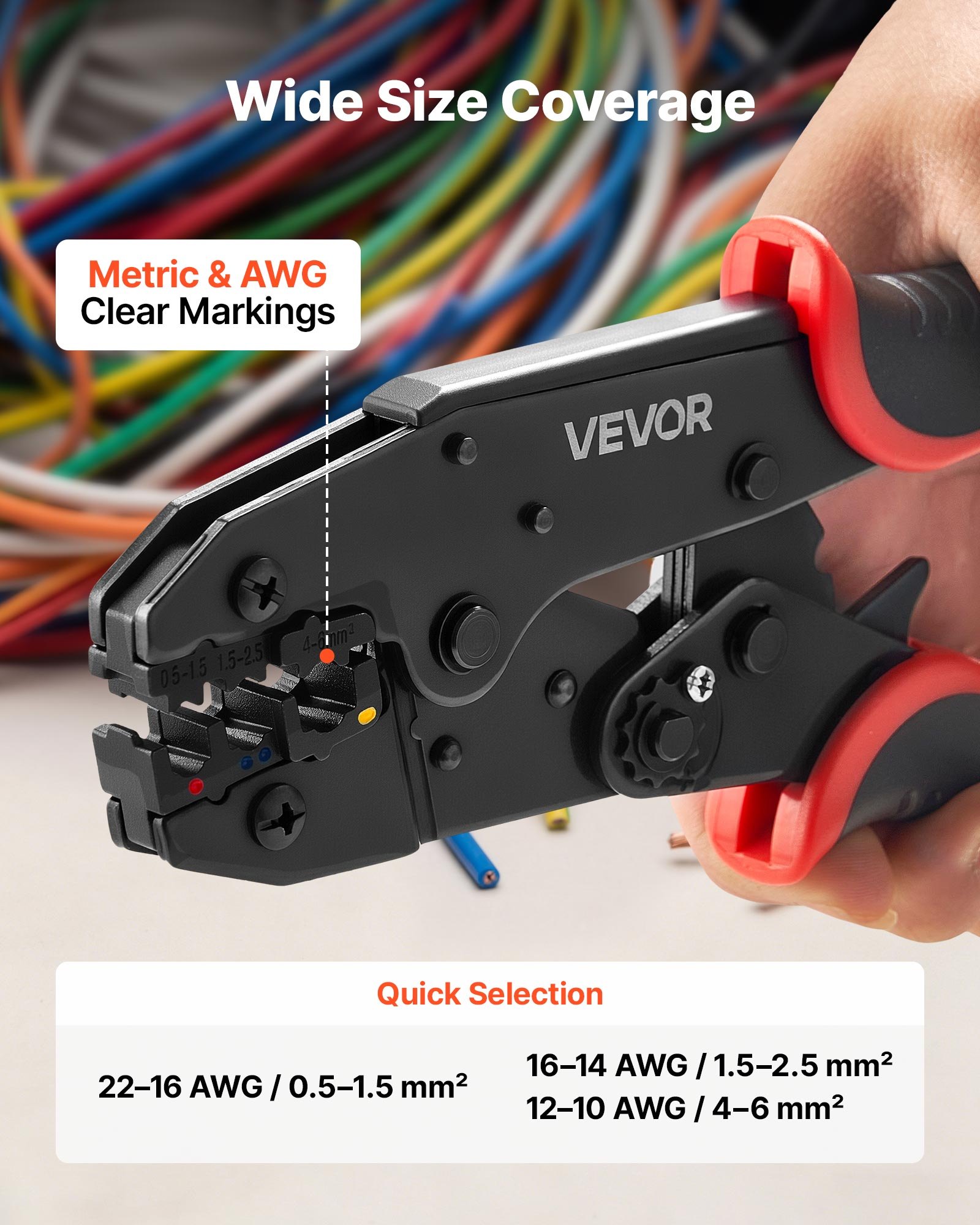 VEVOR Crimpadora Terminales Eléctricos, 0,5-6 mm², Alicates de Crimpado de Trinquete para Terminales de Cables Eléctricos, con Marcas Métrica y del Sistema AWG, Liberación Rápida, Alicates de Engaste