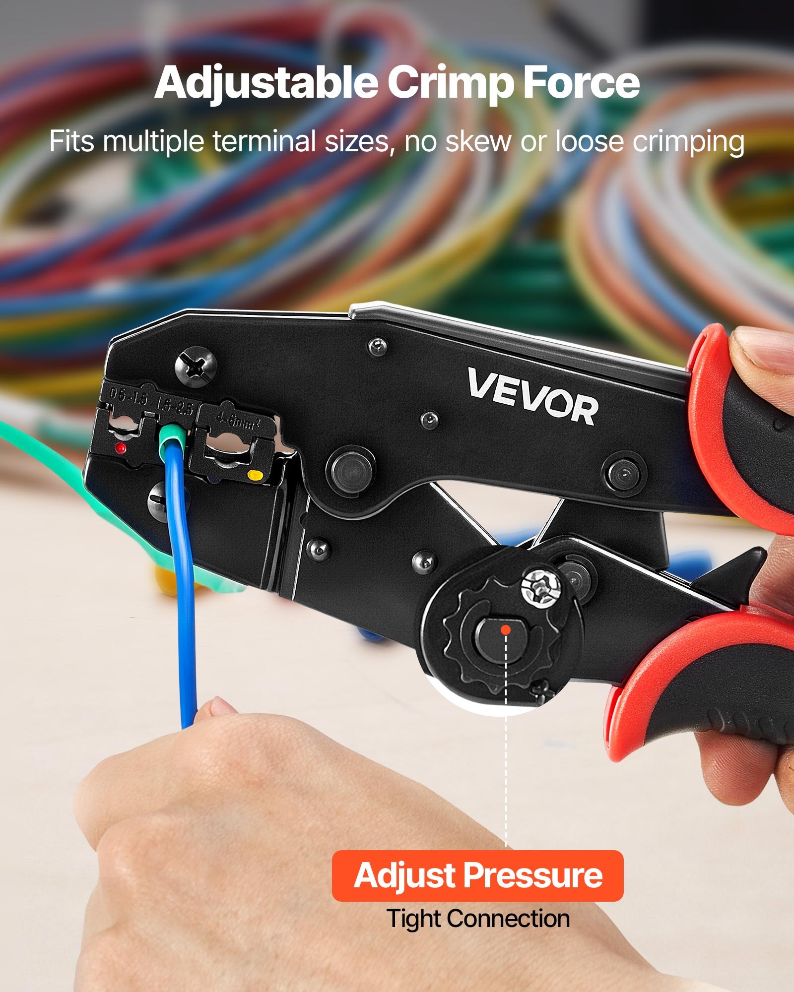 VEVOR Crimpadora Terminales Eléctricos, 0,5-6 mm², Alicates de Crimpado de Trinquete para Terminales de Cables Eléctricos, con Marcas Métrica y del Sistema AWG, Liberación Rápida, Alicates de Engaste