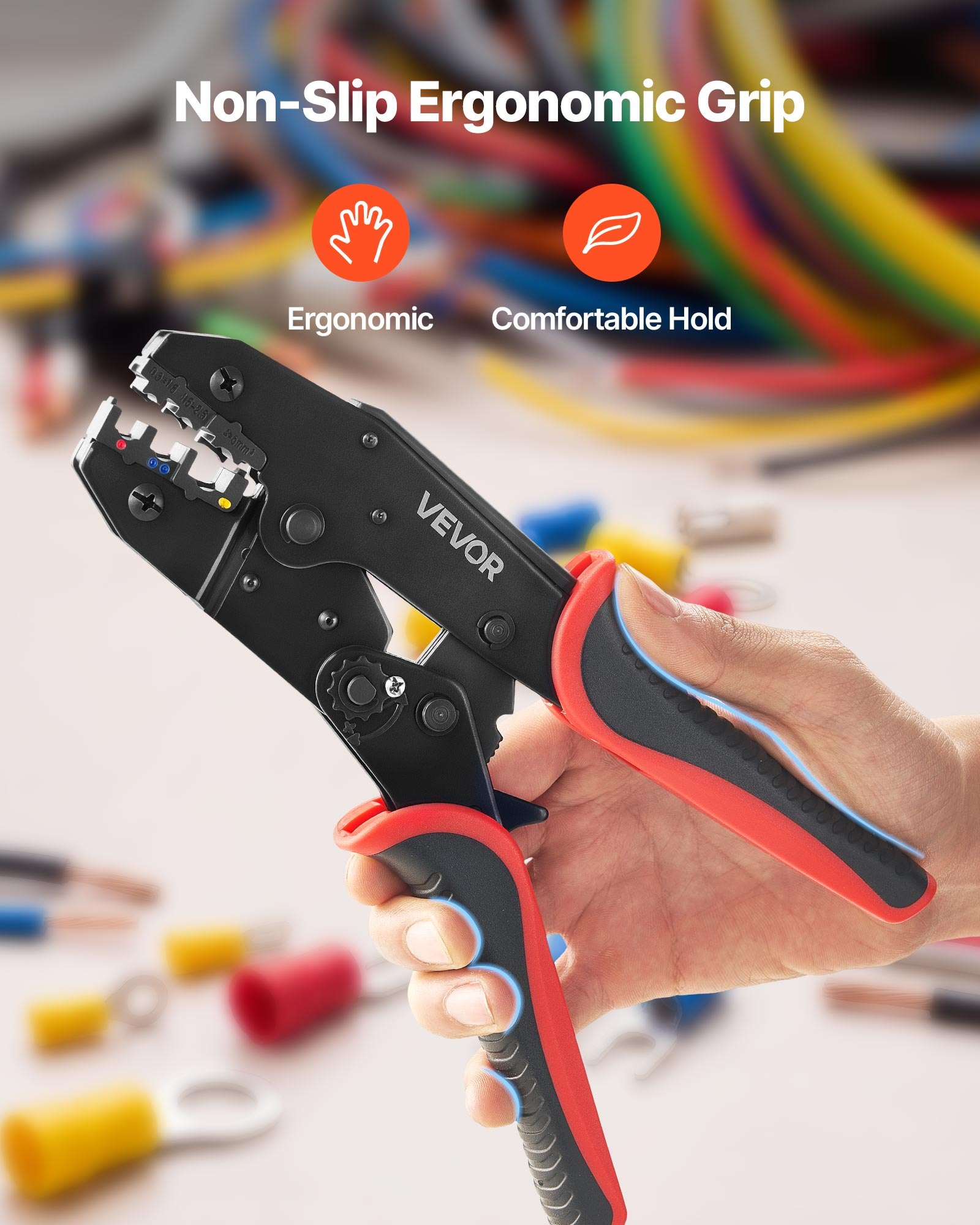 VEVOR Crimpadora Terminales Eléctricos, 0,5-6 mm², Alicates de Crimpado de Trinquete para Terminales de Cables Eléctricos, con Marcas Métrica y del Sistema AWG, Liberación Rápida, Alicates de Engaste