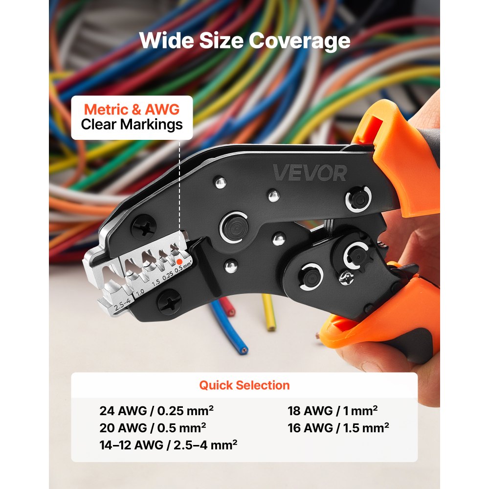 VEVOR Crimpadora Terminales Eléctricos 0,25-4 mm², Alicates de Crimpado de Trinquete para Terminales de Cables Eléctricos, con Presión Ajustable y Liberación Rápida, Marcas Métrica y del Sistema AWG