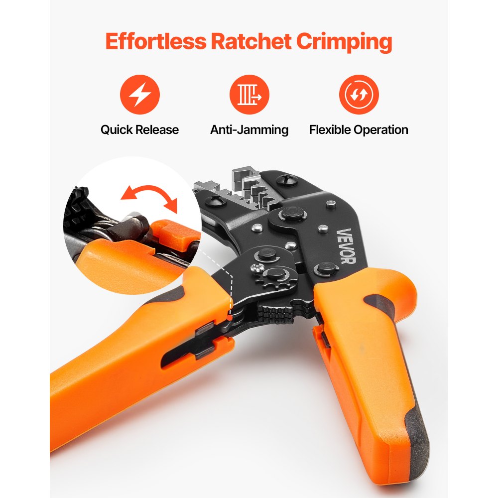VEVOR Crimpadora Terminales Eléctricos 0,25-4 mm², Alicates de Crimpado de Trinquete para Terminales de Cables Eléctricos, con Presión Ajustable y Liberación Rápida, Marcas Métrica y del Sistema AWG