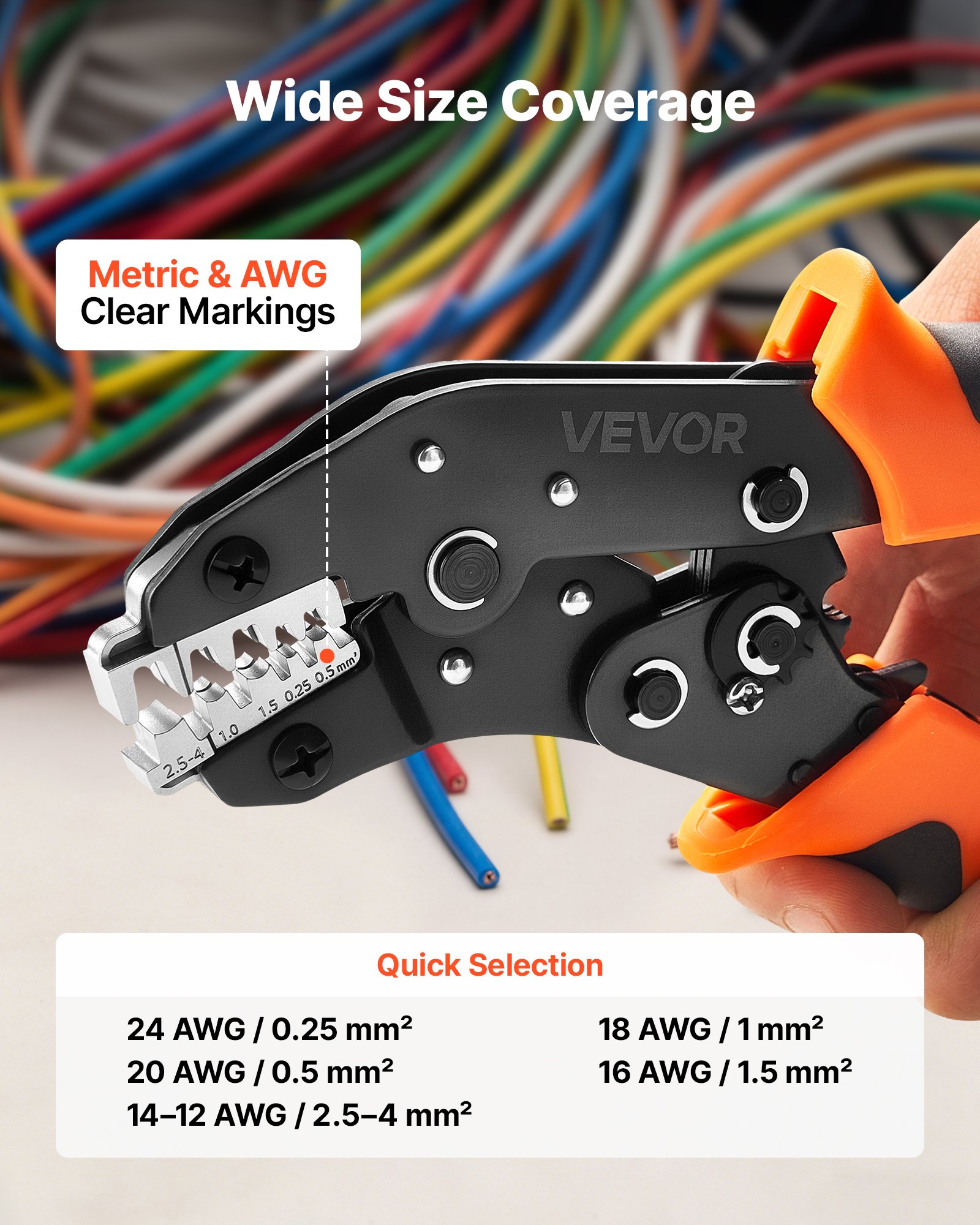 VEVOR Crimpadora Terminales Eléctricos 0,25-4 mm², Alicates de Crimpado de Trinquete para Terminales de Cables Eléctricos, con Presión Ajustable y Liberación Rápida, Marcas Métrica y del Sistema AWG